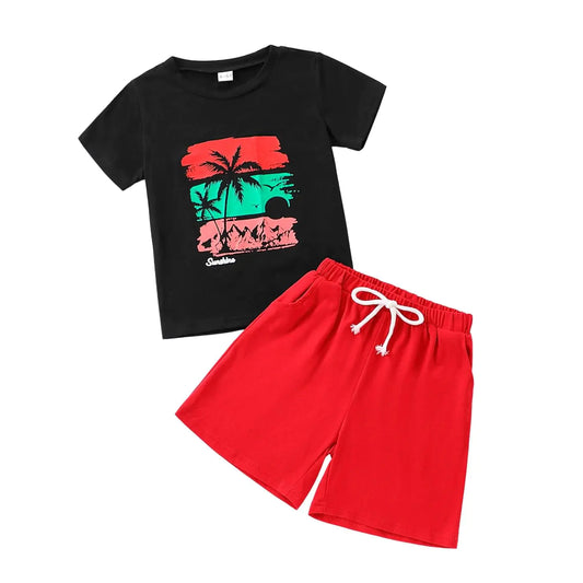 GOLLUNER Kid Toddler Boy Summer Clothes Hawaiian Jungle Short Sleeve T-Shirt + Shorts 2PC Summer Outfits Set