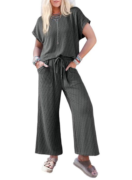 Dokotoo 2 Piece Outfits for Women 2025 Trendy Lounge Sets Solid Shorts Sleeve Crew Neck Summer Tops Casual High Waisted Wide Leg Pants with Pockets Ladies 2pc Tracksuit Sweatsuit Outwear Large Gray